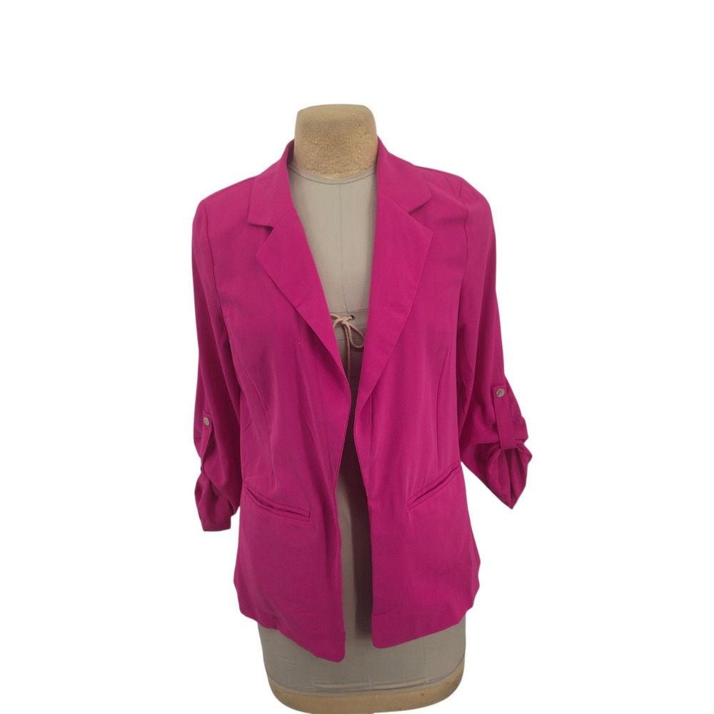 Haute Monde Blazer Women Medium Pink Roll Tab Sleeve Open Front Career HMJ21091